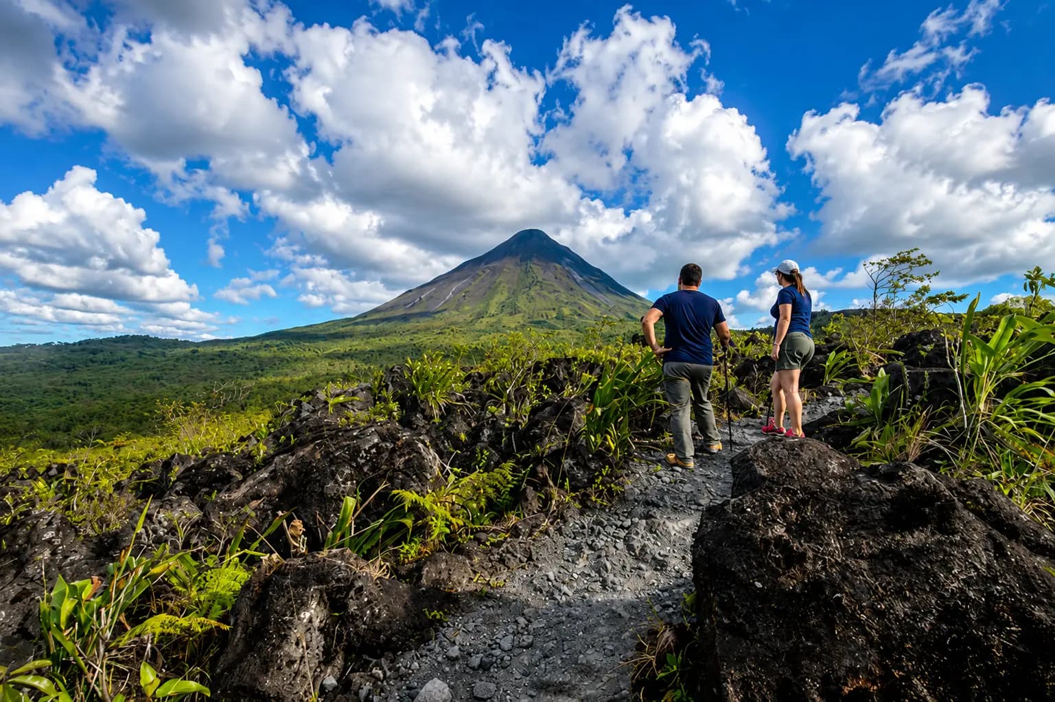 Arenal Volcano rising above the rainforest, seen from the national park trails.